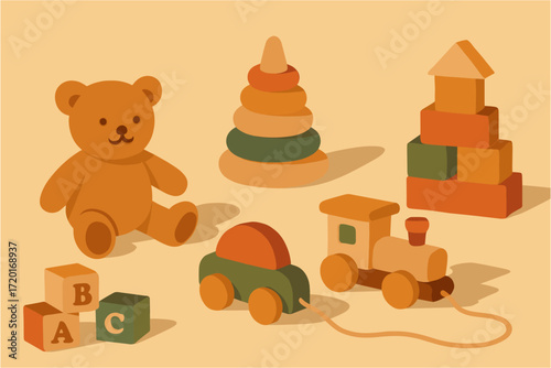 Charming flat style children's toys on soft tan background