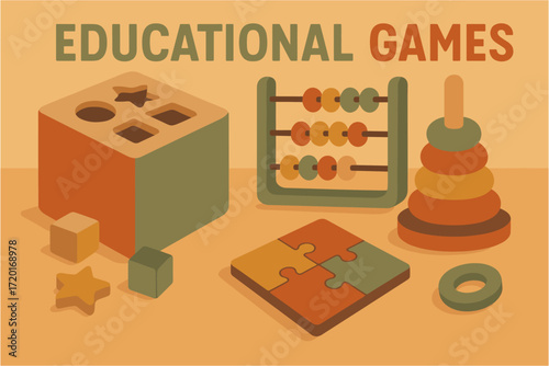 Engaging educational games for kids: puzzles, abacus, and stacking toys in flat design