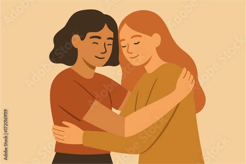 Warm embrace between two women in flat style on beige background
