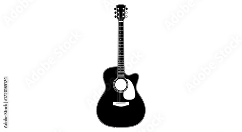 A sleek, black acoustic guitar, depicted in a simple, monochrome illustration.