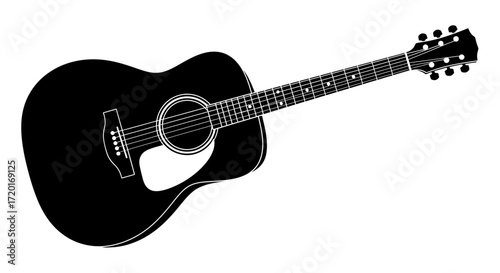 A black and white illustration of an acoustic guitar, viewed from a slightly elevated angle.