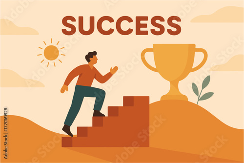 Achieving success: man climbing stairs towards trophy in flat style illustration