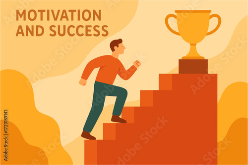 Flat design motivational concept with person climbing stairs to trophy
