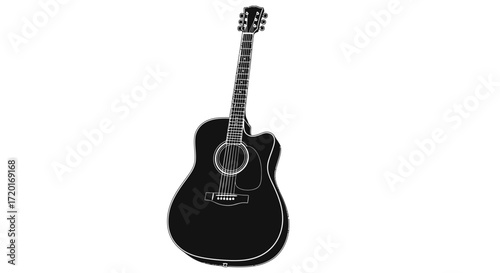 A sleek, black acoustic guitar, depicted in a simple, line-art style, stands against a white background.