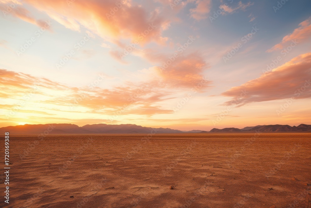Fototapeta premium Golden desert plain under a vibrant sunset sky sand