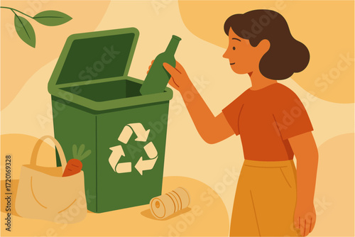 Woman recycling glass bottle in eco-friendly scene with recycle bin and organic grocery bag