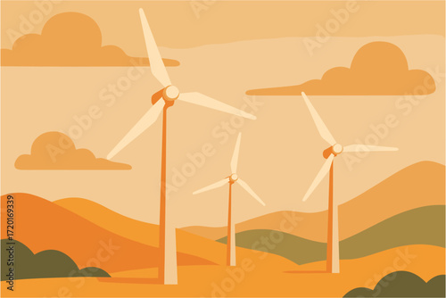 Sustainable energy landscape with turbines in minimalist style