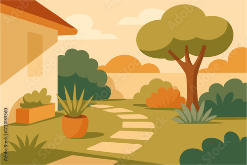 Modern flat garden landscape with trees and plants in earth tones