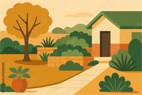 Cozy autumn garden with modern house and tree in flat design