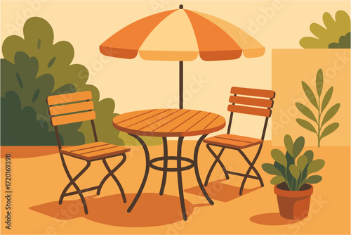 Cozy outdoor patio setting with rustic furniture and umbrella in flat design