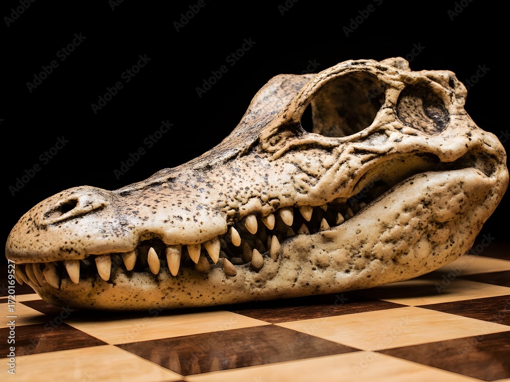 Obraz premium crocodile skull on chess board with black background