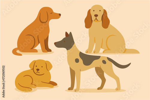 Cute flat cartoon dogs in various poses on beige background