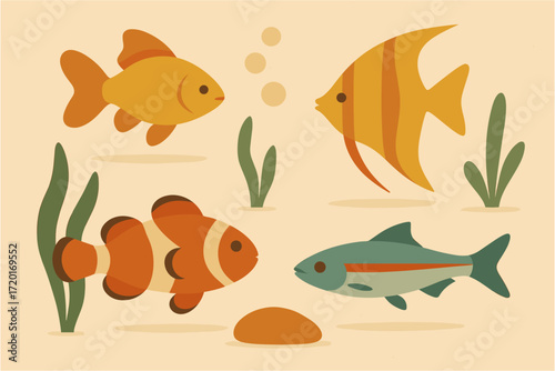 Colorful flat aquarium fish with seaweed on beige background