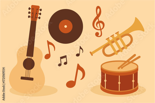 Retro musical instruments: guitar, vinyl, trumpet, drum, and music notes on beige background
