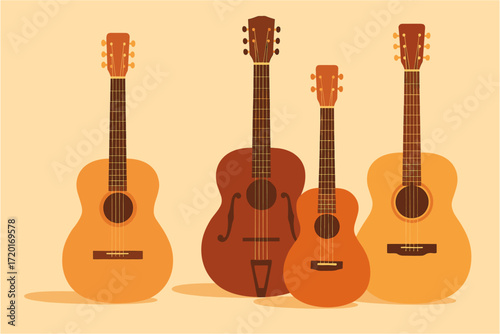 Collection of acoustic guitars in flat design on beige background