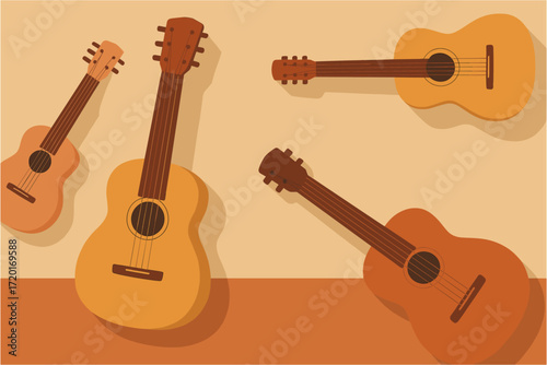 Acoustic guitars in flat design with minimalist style on warm tones