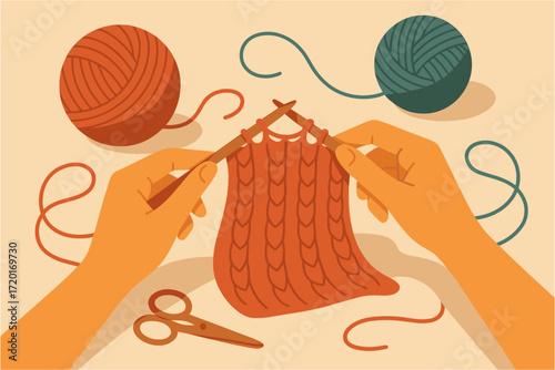Hand knitting concept with yarn balls and needles in vintage style