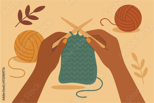 Colorful flat design of hands knitting yarn with needles and autumn leaves