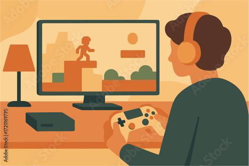 Gamer enjoying platformer game on tv with console controller and headphones