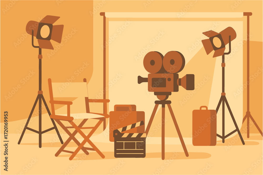 Obraz premium Retro film production setup with vintage camera and studio lights in warm tones