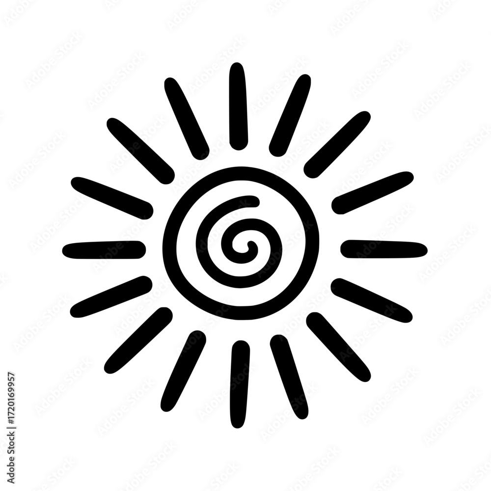 Fototapeta premium Black sun silhouette icon with spiral center and radiating rays isolated on white background ideal for summer designs and illustrations