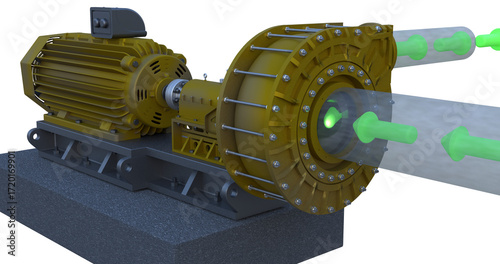 Centrifugal pump suction and discharge animation. Perfect for concepts related to industrial machinery, engineering, and energy systems website or magazine.