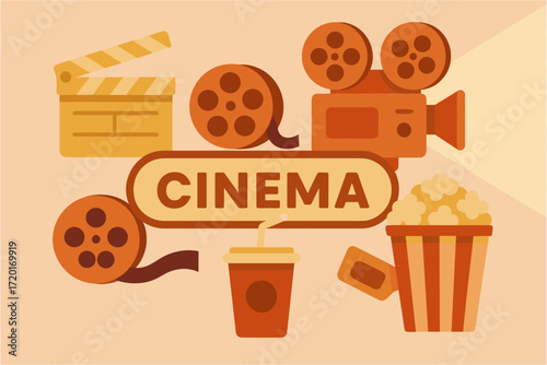 Vintage cinema elements with popcorn, film reel, and camera