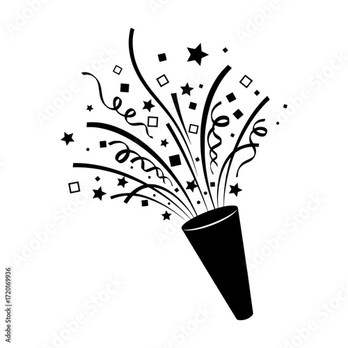 Black silhouette party popper exploding with confetti stars and ribbons isolated on white background