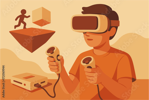 Immersive virtual gaming experience with vr headset and controllers in retro style