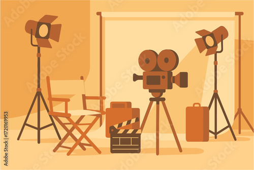 Retro film production setup with vintage camera and studio lights in warm tones