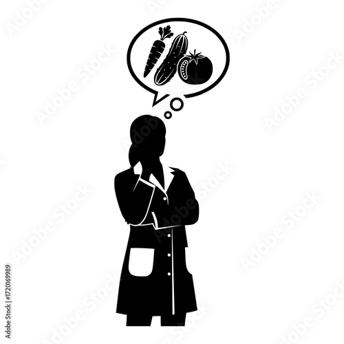 Dietitian silhouette thinking about vegetables carrots cucumber tomato healthy eating concept