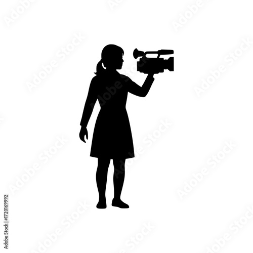 Female journalist silhouette holding a video camera, black and white vector graphic isolated on white background