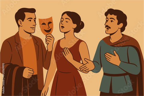 Theater mask exchange between dramatic actors in vintage style