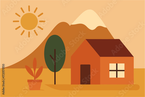 Minimalist house and mountain scene with sun and tree in warm tones