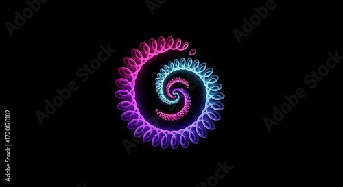 Abstract spiral design with glowing particles on a black background
