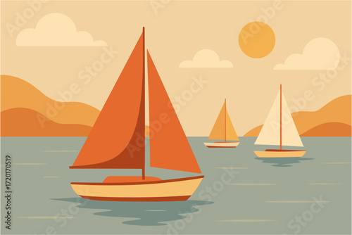 Sailing adventure: minimalist boats and sun in calm water