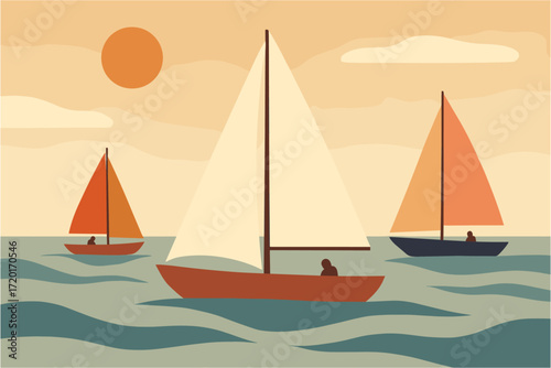 Minimalist seascape with sailboats and sun in calm ocean scene