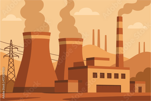 Industrial landscape with power plant emitting smoke in flat style