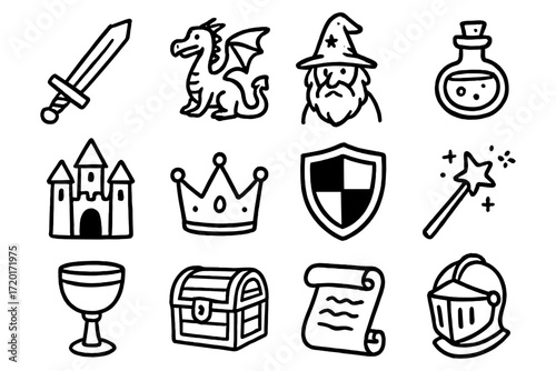 Medieval fantasy icons: knight, castle, wizard, dragon, potion, and more in bold outline style