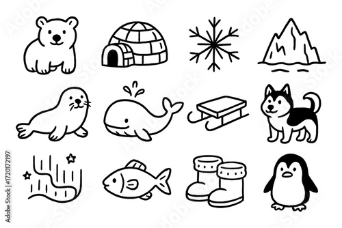 Cute winter doodles: arctic animals and snowy landscape elements