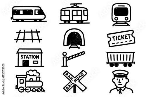 Hand-drawn transportation icons featuring trains and rail infrastructure