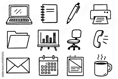 Hand drawn office supplies collection: laptop, stationery, and more icons