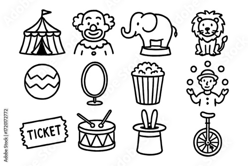 Circus icons set: clowns, animals, and objects in whimsical hand drawn style