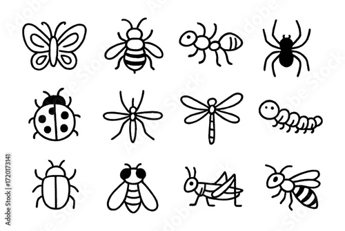 Hand drawn insects collection: butterflies, bees, and more in simple outline