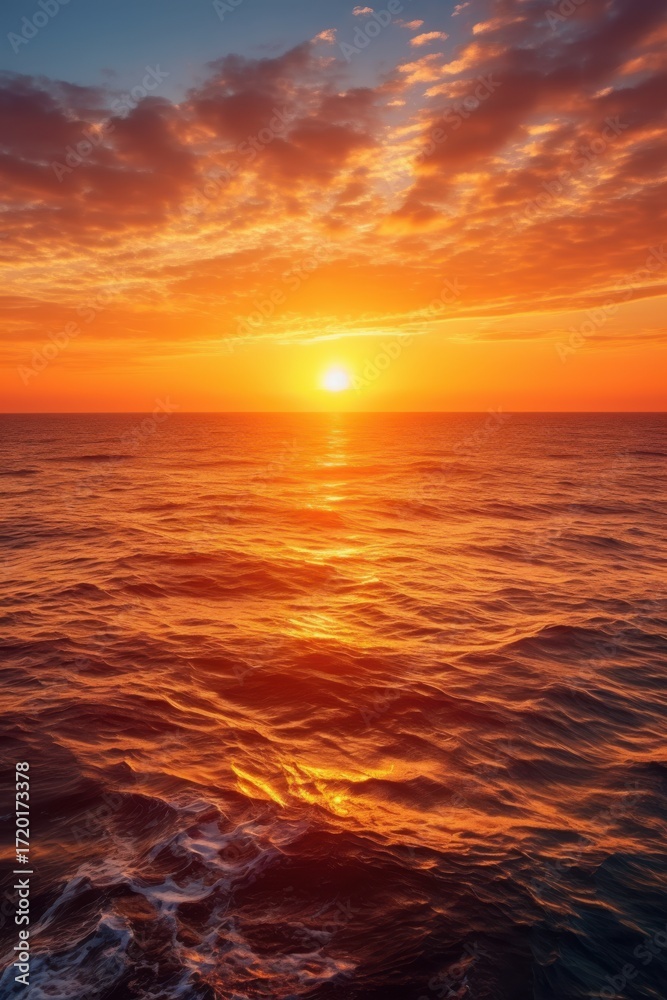 Fototapeta premium Fiery sunset paints ocean waves with golden light horizon