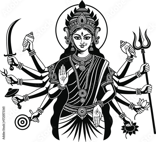 Durga goddess vector illustration, Hindu deity with ten arms, holding weapons and symbols, divine feminine power, spiritual art, black and white silhouette