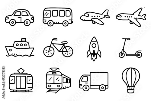 Hand drawn transportation icons set featuring various vehicles and modes of transport