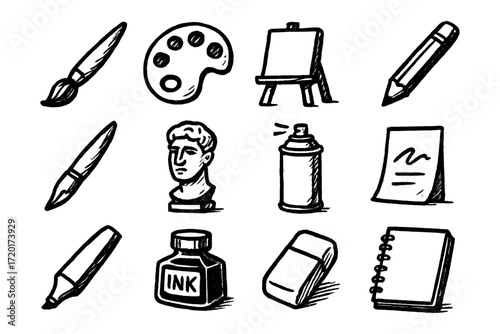Art supplies doodle set: paintbrush, easel, palette, pencil, ink, sketchpad