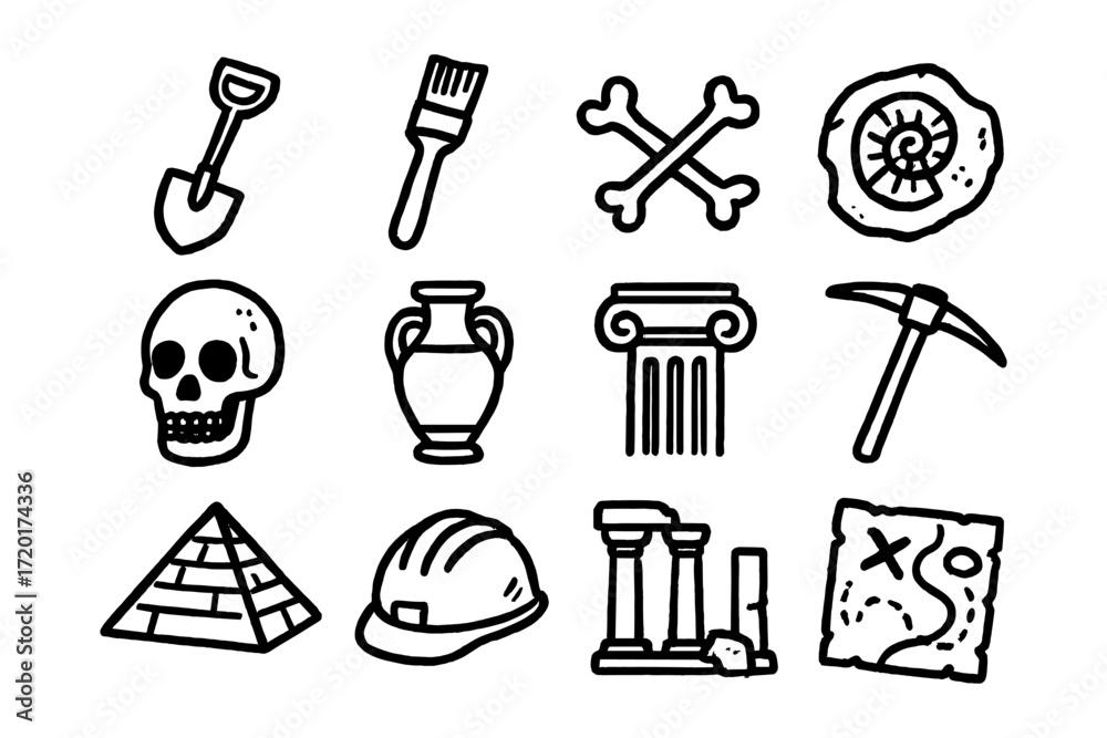 Fototapeta premium Archaeology icons set: pyramids, fossils, tools, and artifacts in bold outline style