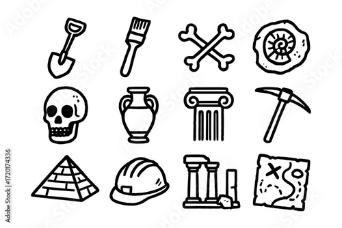 Archaeology icons set: pyramids, fossils, tools, and artifacts in bold outline style